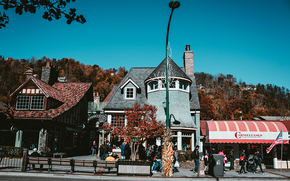view of some of the shops located on the strip in gatlinburg