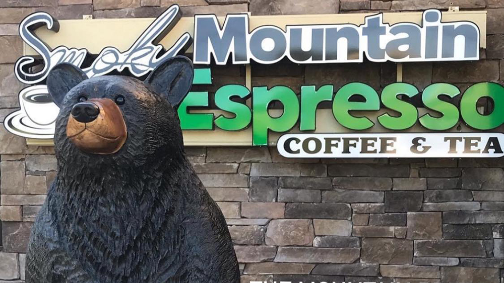 image of the sign and black bear statue at smoky mountain espresso in sevierville tn