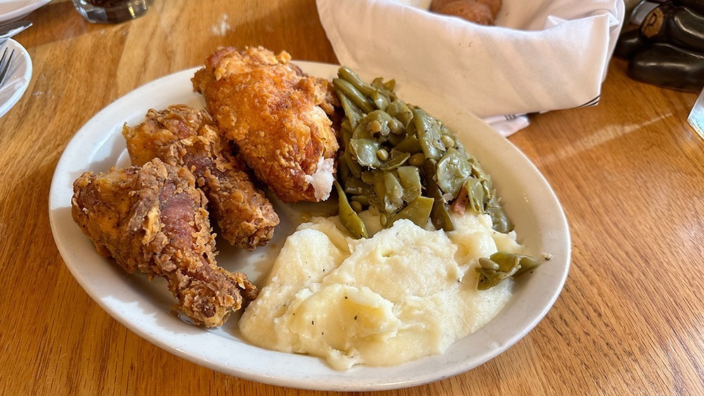 fried chicken, green beans, and mashed potatoes served at the old mill restaurant pigeon forge tn