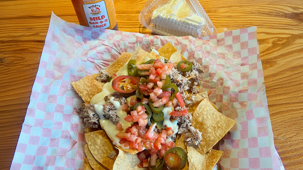 pulled-pork-nachos-and-lemon-ice-box-pie-at-buddys-bar-b-q-sevierville-tn Loaded Nachos and lemon ice box pie from Buddy's Bar-B-Q in Sevierville, TN