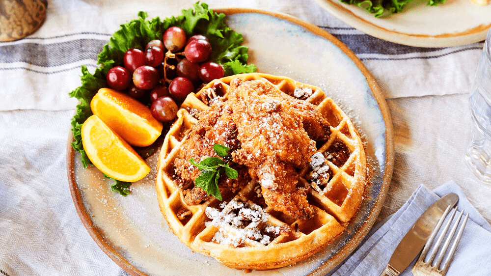 chicken and waffles at the old mill pottery house cafe & grille in pigeon forge