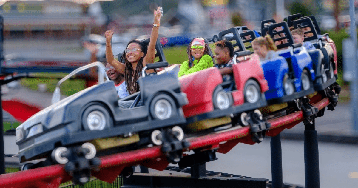 Kids enjoying the speedway coaster at Nascar SpeedPark in Sevierville TN