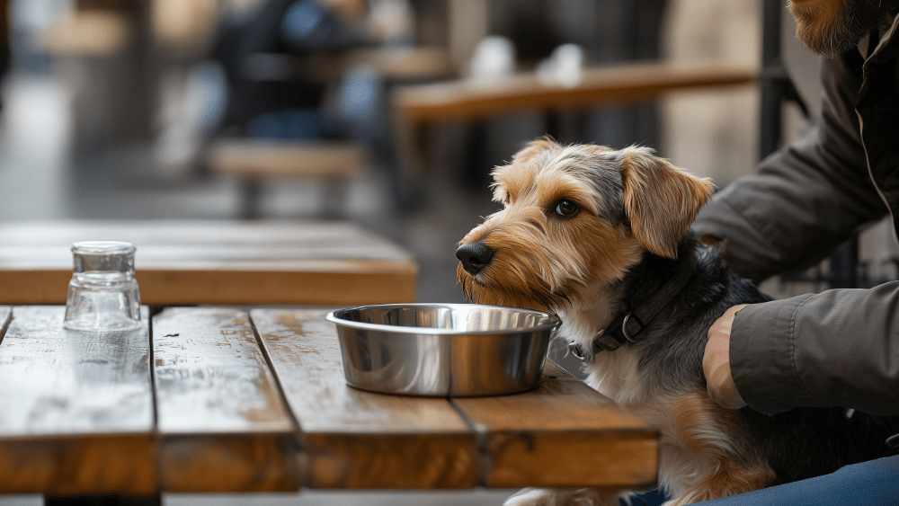 Dog sitting at a pet-friendly restaurant patio in Gatlinburg with water bowl
