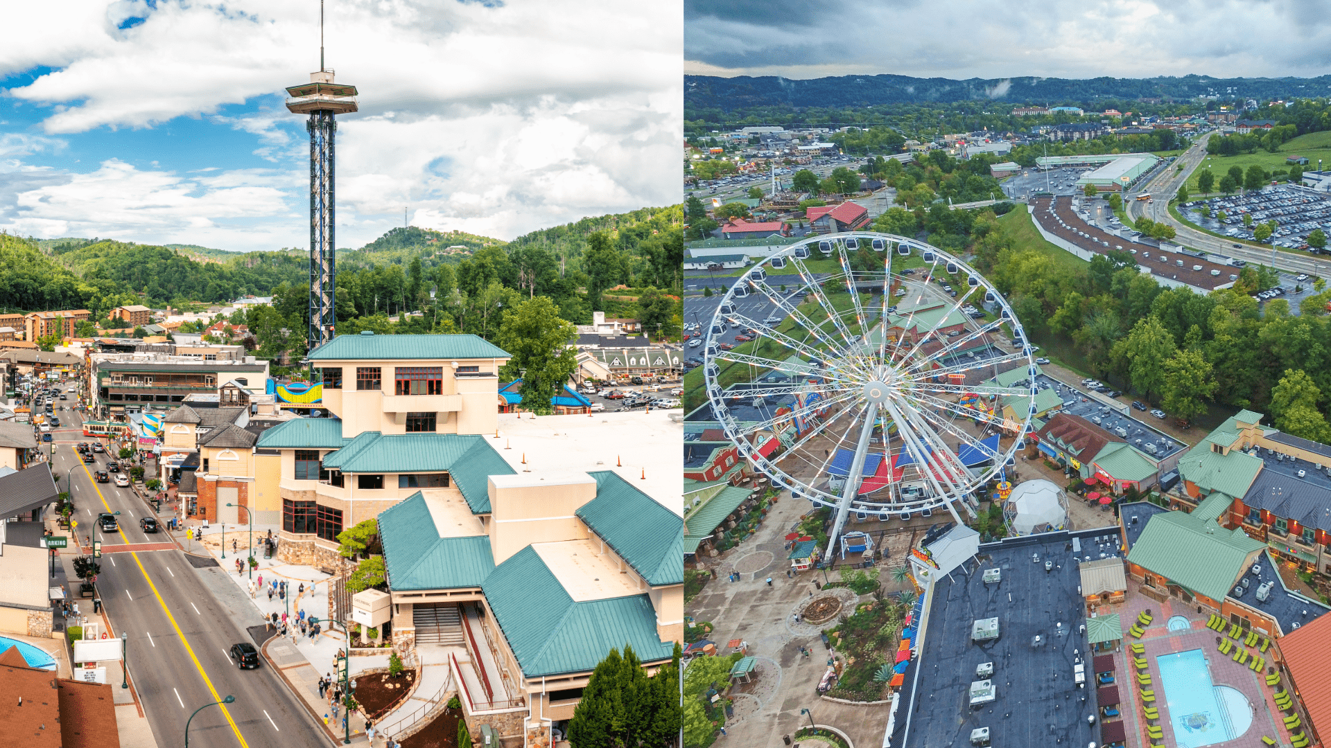 Downtown Gatlinburg shops and Pigeon Forge's Great Smoky Mountain Wheel Downtown Gatlinburg shops and Pigeon Forge's Great Smoky Mountain Wheel