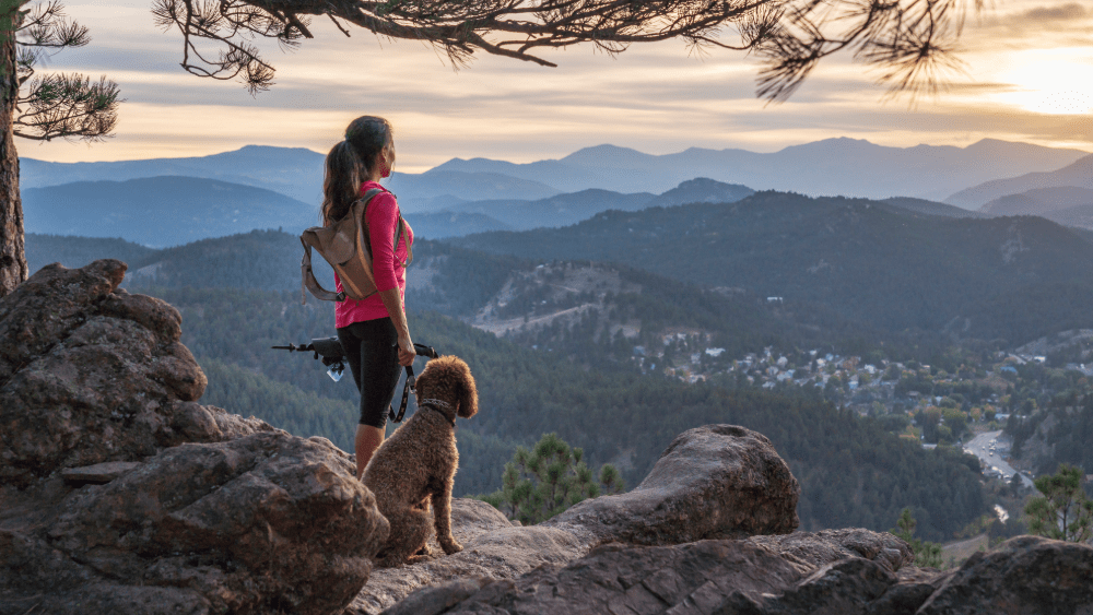 Pet owner taking in the view while hiking with a dog in Pigeon Forge area
