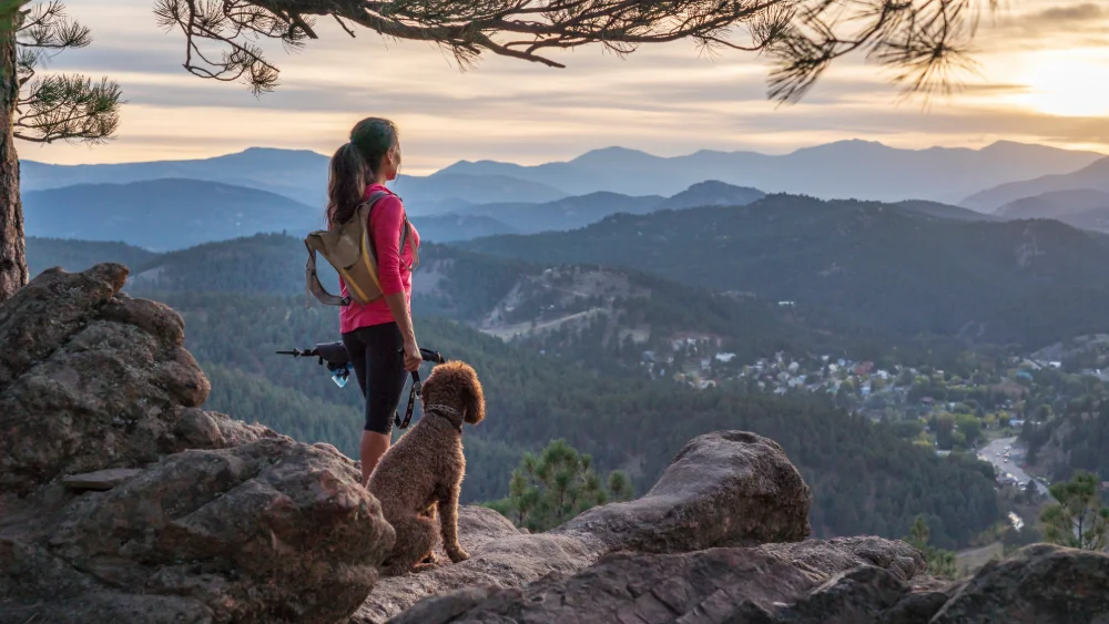 Pet owner taking in the view while hiking with a dog in Pigeon Forge area