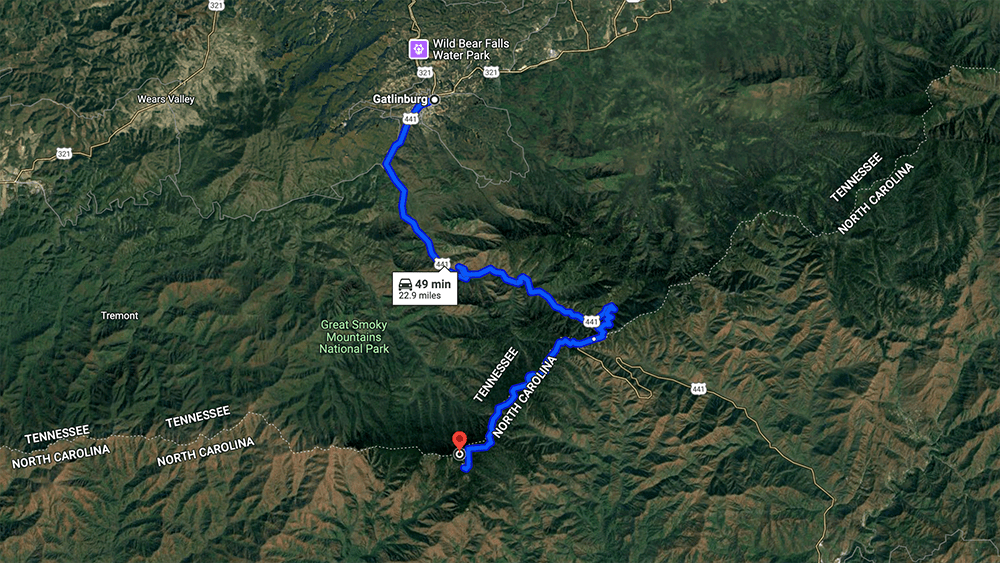 Google Maps Screenshot of directions from Gatlinburg to Kuwohi