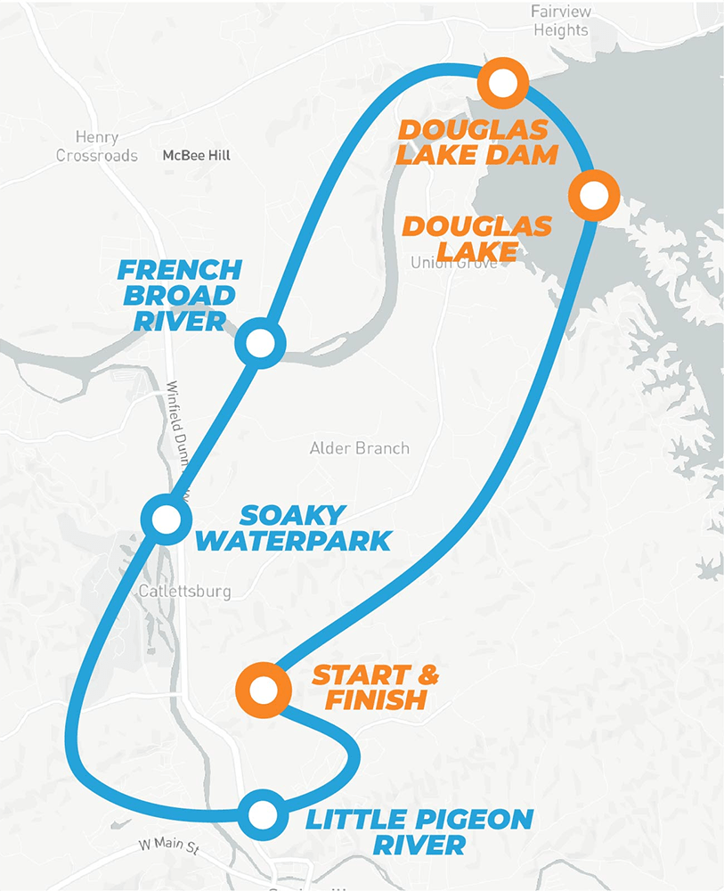A map of the Sevierville and Great Smoky Mountains area highlighting a helicopter tour route, including the heliport location, Douglas Lake, and nearby mountain peaks