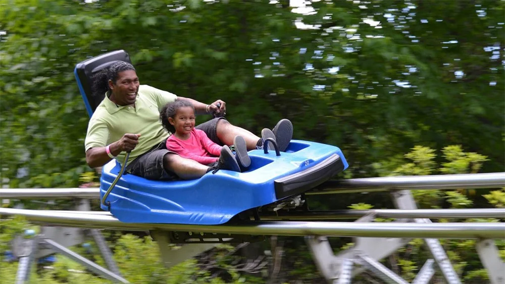 Father and daughter riding Ober Mountain's Tennessee Flyer Mountain Coaster via website