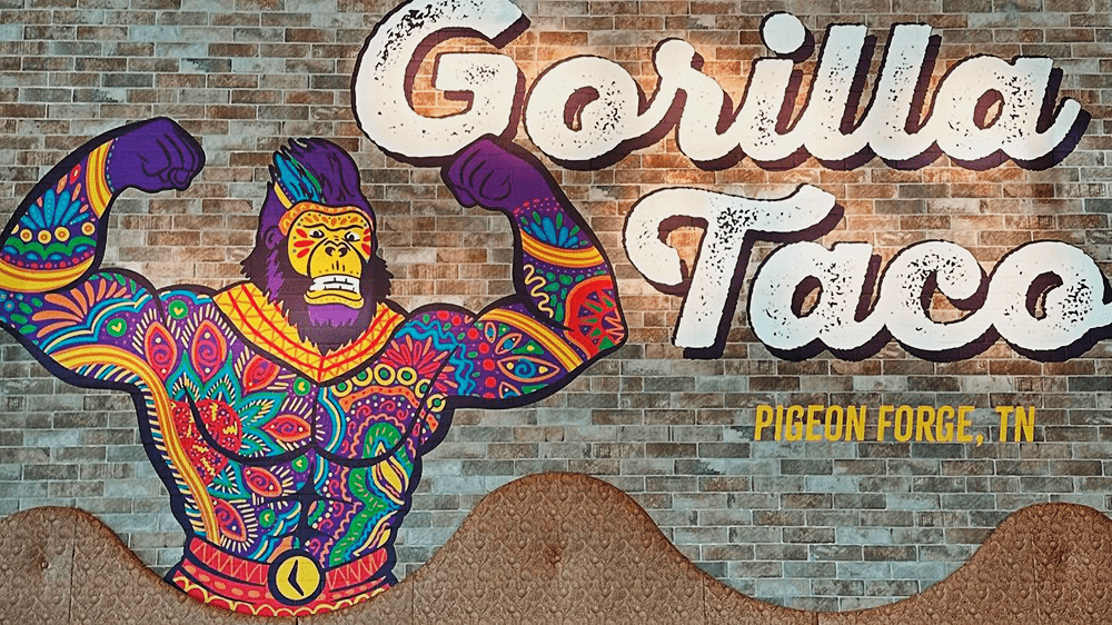 Gorilla mural on the wall inside gorilla taco in pigeon forge