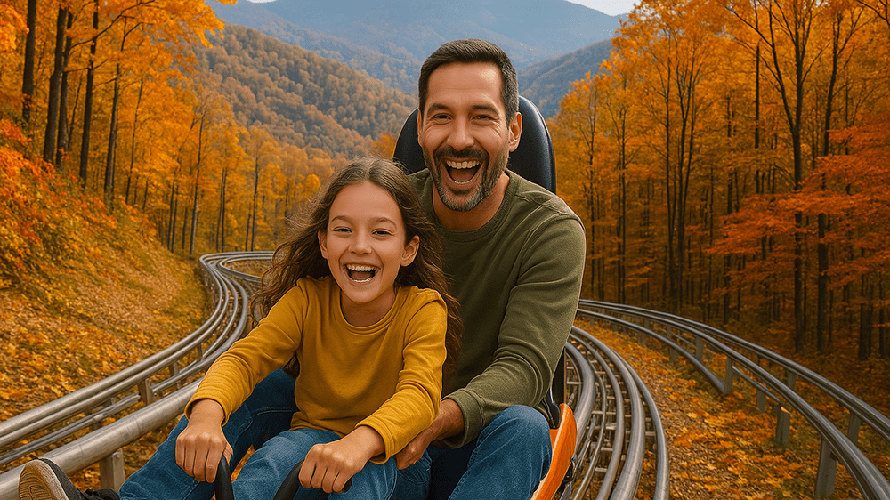 father and daughter on a mountain coaster with autumn foliage