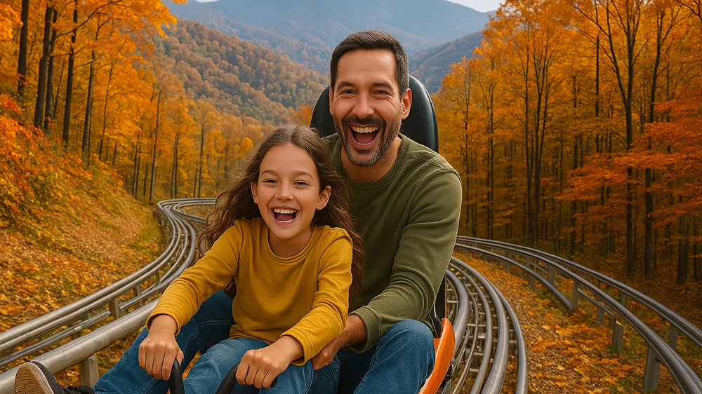 father and daughter on a mountain coaster with autumn foliage