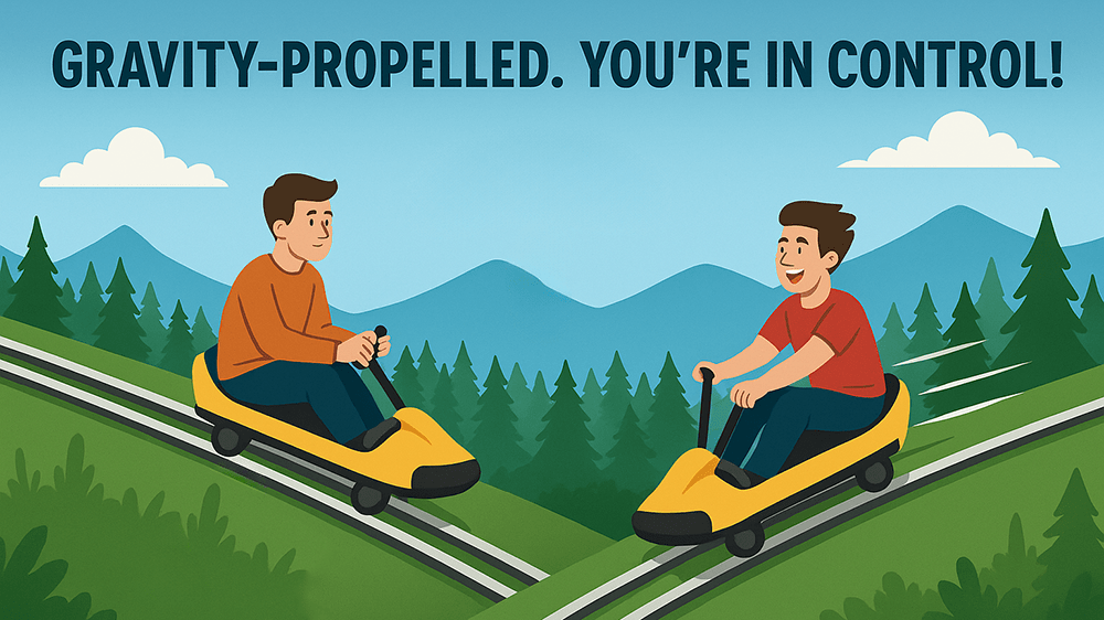 graphic showing how mountain coaster sleds are gravity propelled. graphic showing how mountain coaster sleds are gravity propelled.