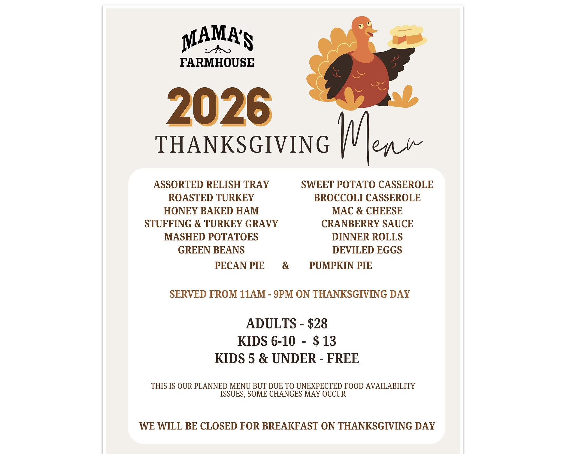 2026 Thanksgiving menu for Mama's Farmhouse in Pigeon Forge, TN