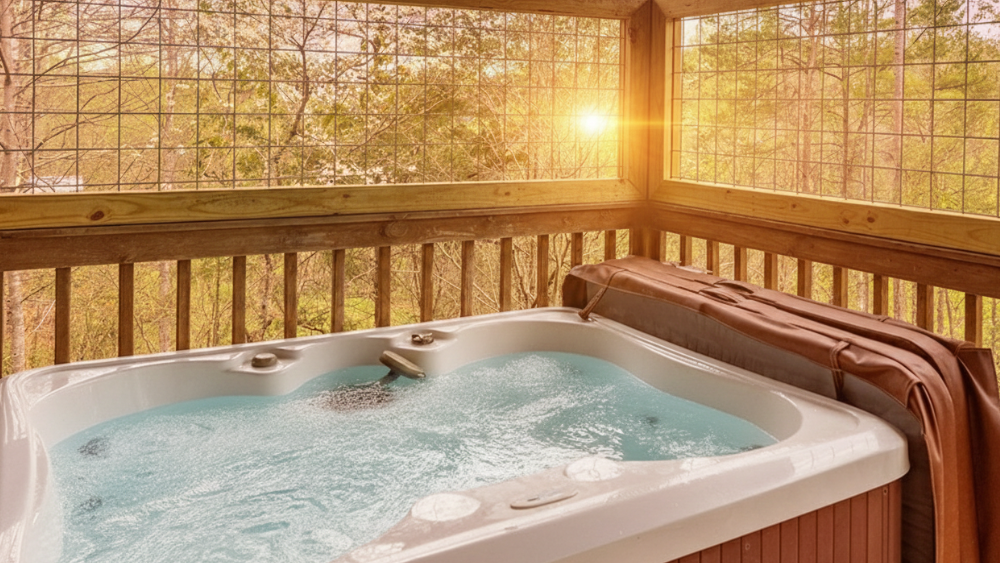 Hapey Place hot tub during spring sunset