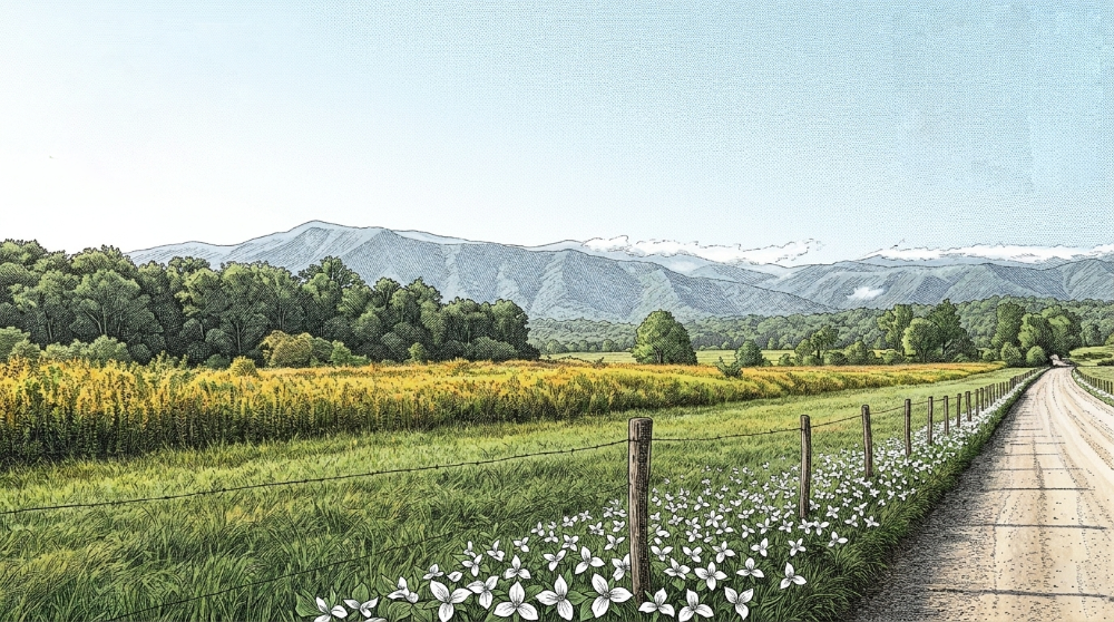 Illustration of Cades Cove Loop with White Trillium along the fence line