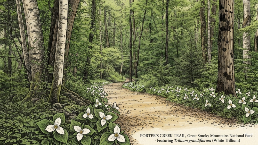Illustration of Porter's Creek Trail with white Trillium