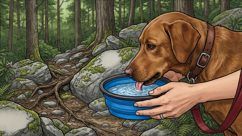 A leashed dog drinking fresh water from a collapsible bowl held by its owner on a rocky, wooded hiking trail in the Smoky Mountains.