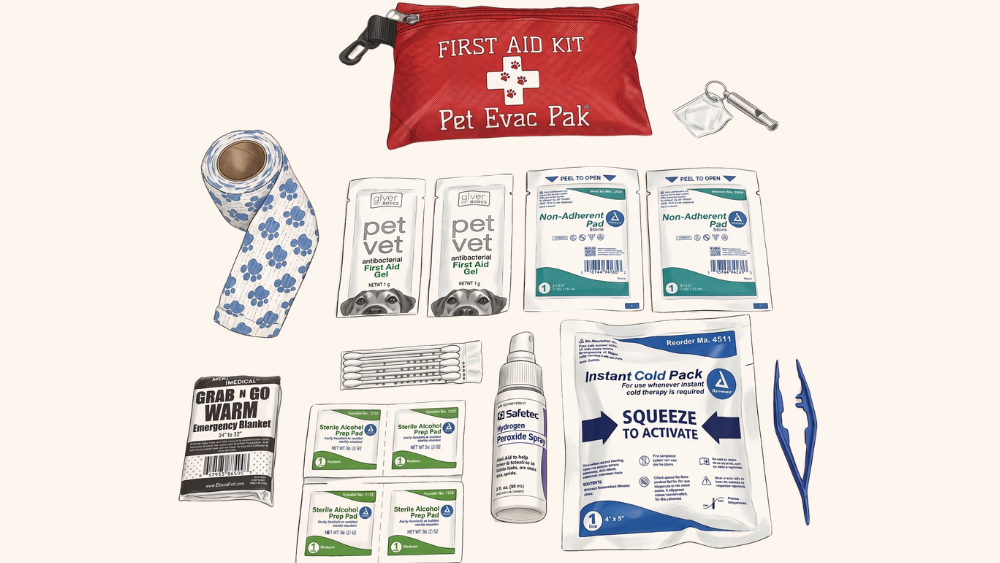 Flat lay of essential pet first aid kit items for hiking, including self-adhesive wrap, styptic powder, and dog booties, ready for a Smoky Mountains trip.