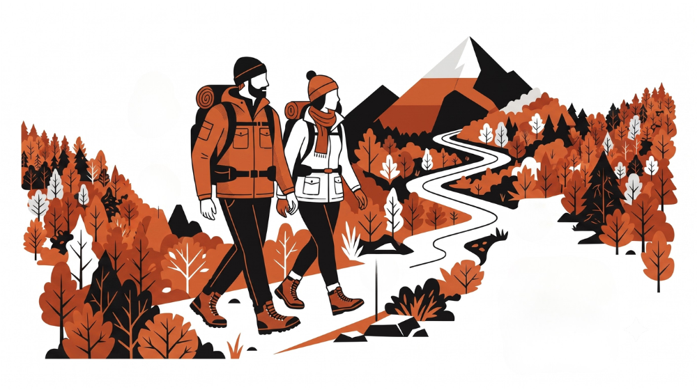 A graphic of a male and female hiker exploring the fall colors in the mountains.