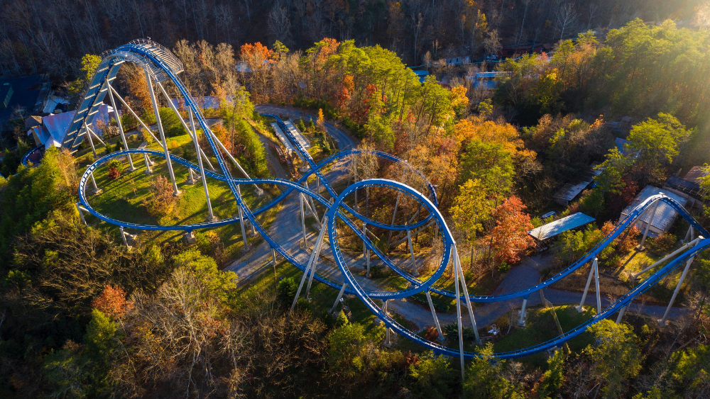 Quiet Dollywood park with fall foliage in October