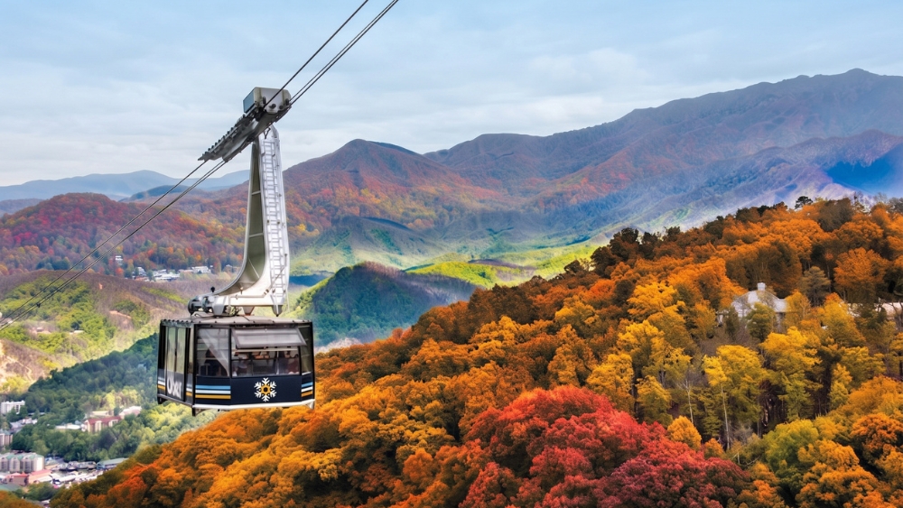 Gatlinburg Aerial Tramway carrying visitors up to Ober Mountain for Oktoberfest