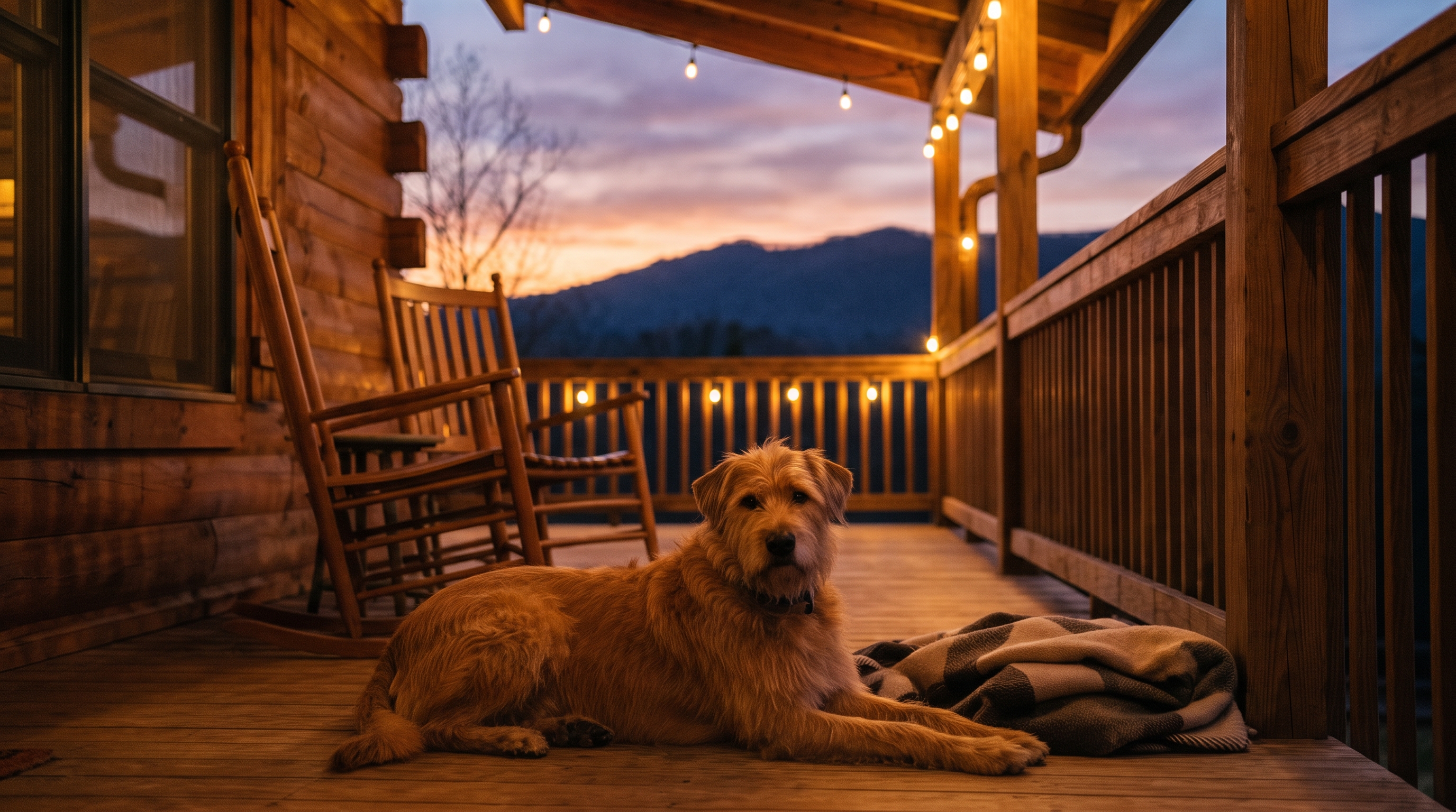 Dog relaxing on a cabin porch during a low-key evening in the Smoky Mountains
