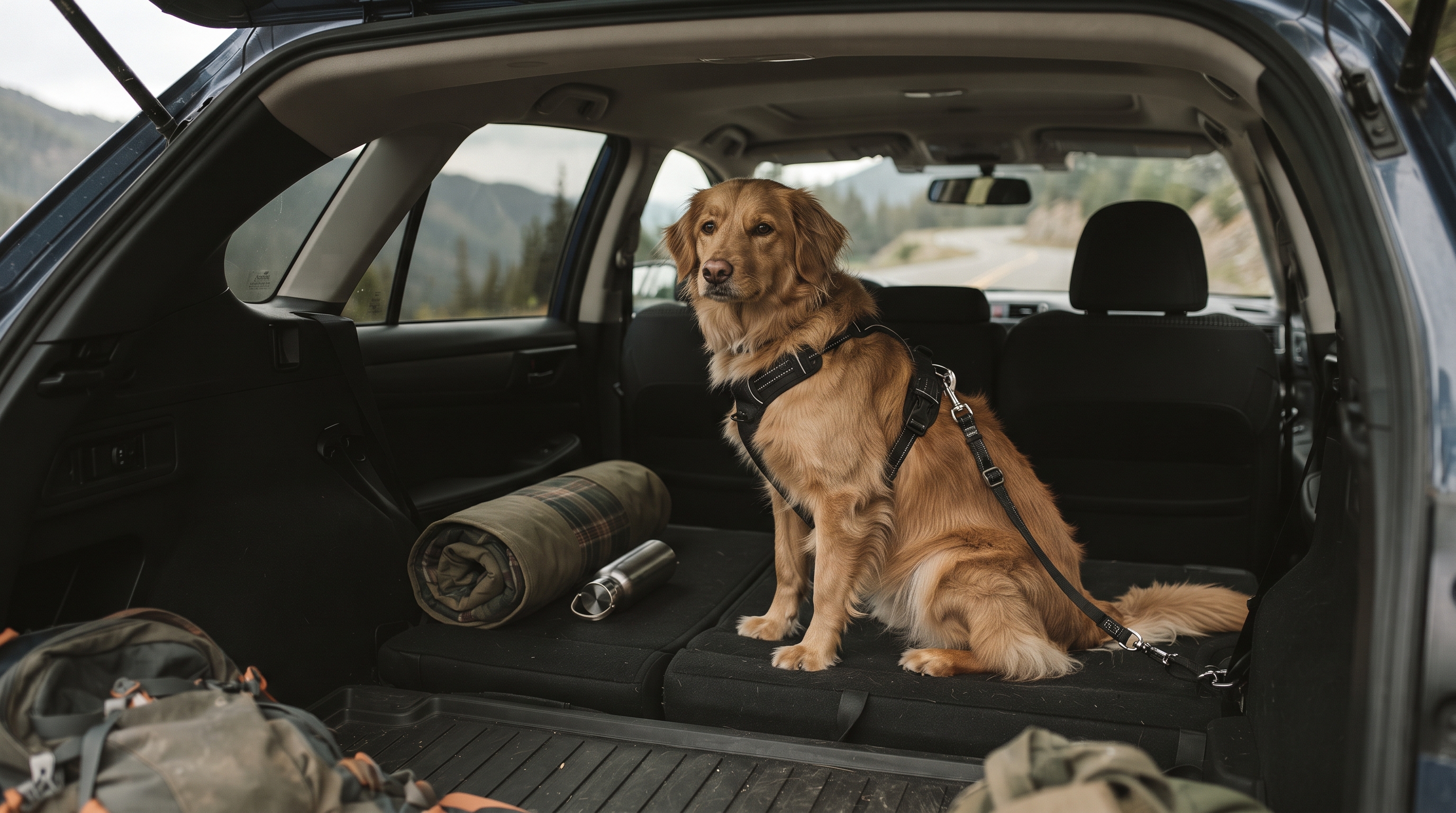 Dog safely secured with a crash-tested harness for a road trip to the Smokies