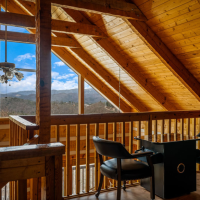 Wide view of mountains from loft at Little Bear Cabin